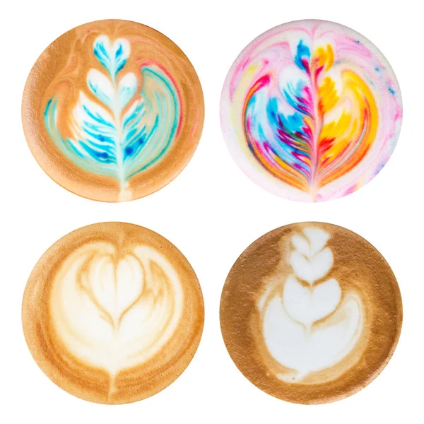 Top view set kopi latte art panas dengan busa cappuccino terisolasi — Stok Foto