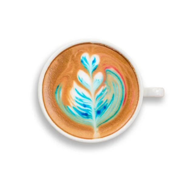Vista superior del colorido café con leche arco iris en taza blanca. Aislado — Foto de Stock