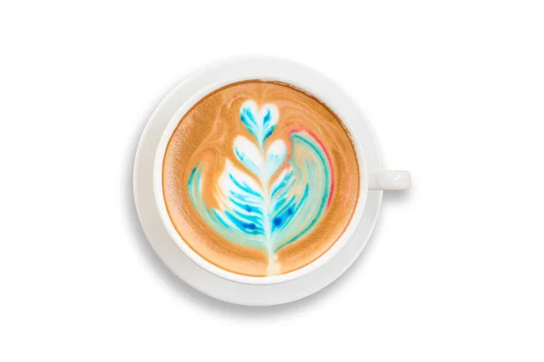 Vista superior del colorido café con leche arco iris en taza blanca. Aislado — Foto de Stock