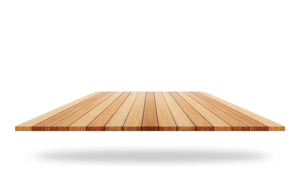 Lege boven aan houten plank of teller op wit wordt geïsoleerd. Opgeslagen wi — Stockfoto