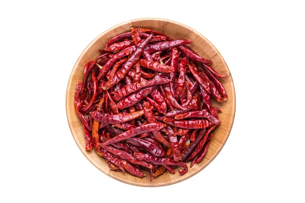 Ovanifrån torra röda chili i trä skål — Stockfoto