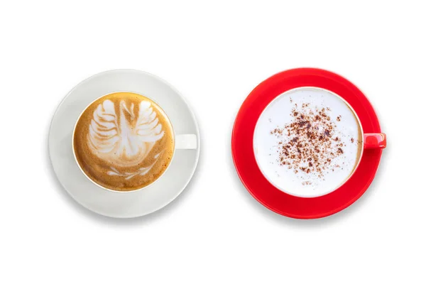 Vista superior dos de café con leche caliente en taza blanca y roja. Aislado — Foto de Stock