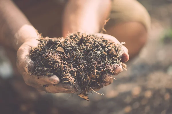Hand holding mixed soil for plant in the garden. Home and garden — 스톡 사진