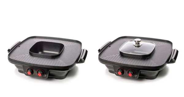 New black teflon electric grill with soup pot in the middle isol — Stock Photo, Image