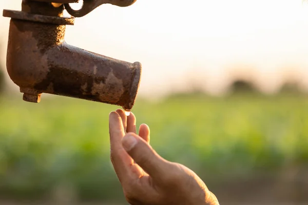 Hand of farmer waiting for water from vintage outdoor water pump — ストック写真