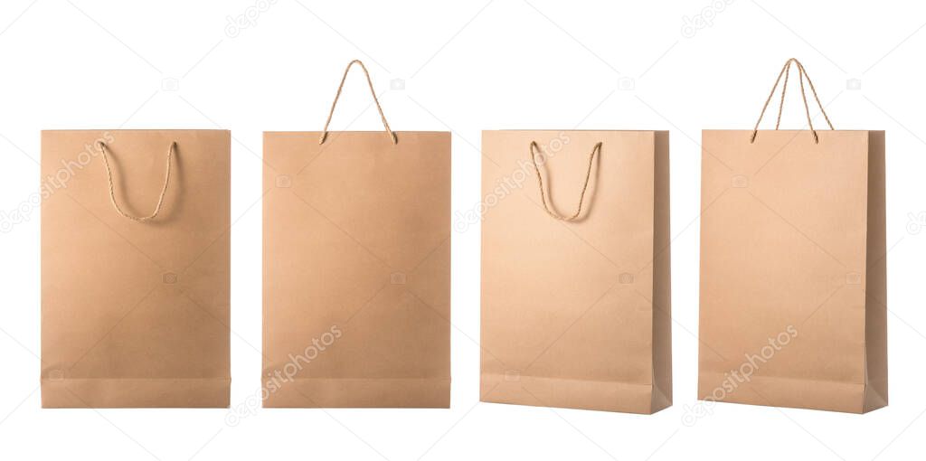 Set of new blank brown paper bag for shopping. Studio shot isolated on white background