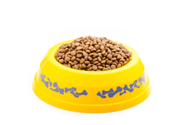 Dog Food Yellow Plastic Bowl Isolated White Background — Stock Photo, Image