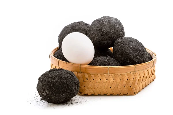 Thai Style Black White Salted Egg Wooden Basket Isolated White Royalty Free Stock Images