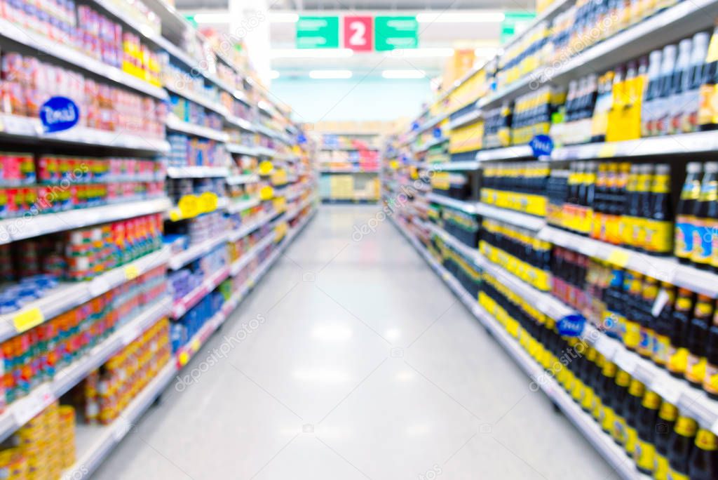 Supermarket aisle with a variety of product on shelves. Picture in defocused background.