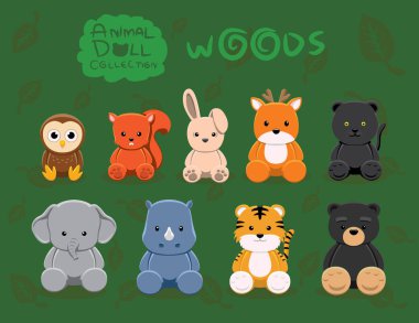 Wood Animal Doll Set Çizgi film Vektörü İllüstrasyonu