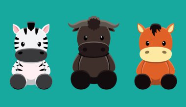 Bizon Zebra At Oyuncak Bebek Çizgi Film Vektör İllüstrasyonu