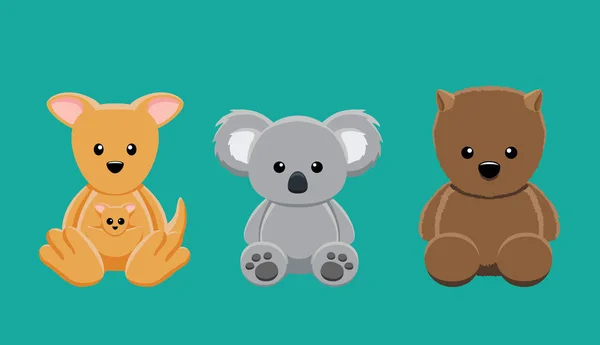 Kanguru Koala Wombat Bebek Set Çizgi Film Vektör Çizimi