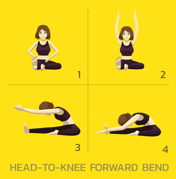 Head Knee Forward Bend Yoga Manga Tutorial How Cartoon Vector — 스톡 벡터