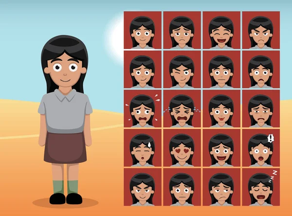 Arab Kid Girl Cartoon Emoción Caras Vector Ilustración — Vector de stock