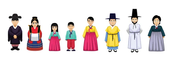 Família Coreana Desenhos Animados Traje Vetor Bonito Tradicional — Vetor de Stock