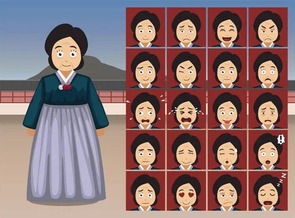 Coreana Vieja Mujer Dibujos Animados Emoción Caras Vector Ilustración — Vector de stock