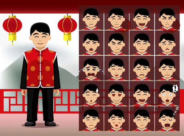 Chinês Teen Boy Cartoon Emotion Enfrenta Ilustração Vetorial — Vetor de Stock