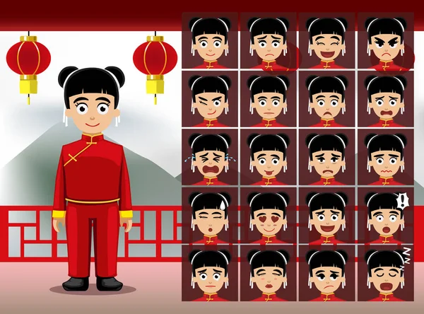 Китайская Девушка Мультфильм Эмоции Лица Векторные Иллюстрации — стоковый вектор