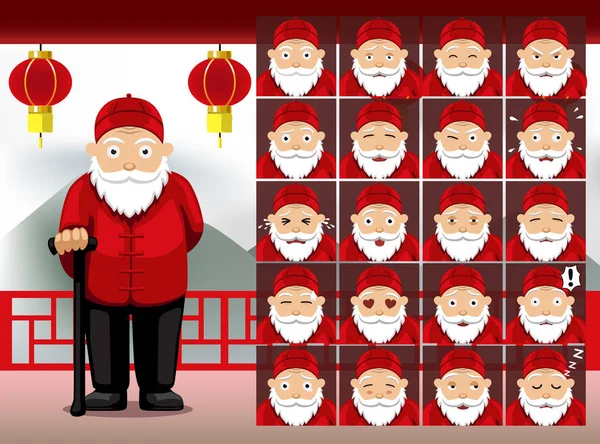 Chinese Old Man Cartoon Emotion Enfrenta Ilustração Vetorial — Vetor de Stock