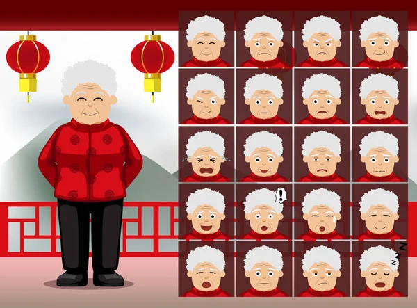 Китайская Старуха Мультфильм Эмоции Лица Векторные Иллюстрации — стоковый вектор