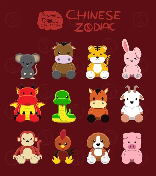 Animal Dolls Chinese Zodiac Set Cartoon Vector Illustratie — Stockvector