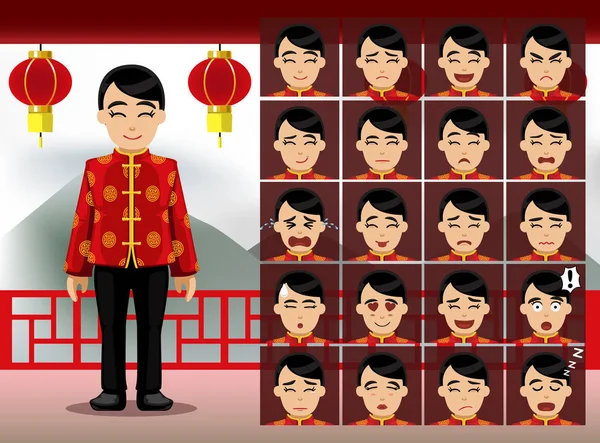 Chinês Mulher Cartoon Emotion Faces Vector Ilustração — Vetor de Stock