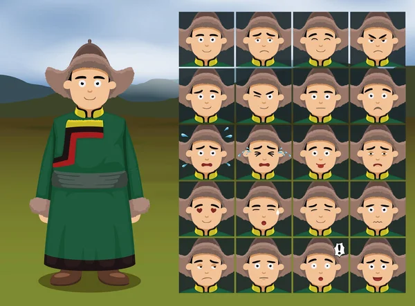 Mongoolse Man Cartoon Emotie Gezichten Vector Illustratie — Stockvector