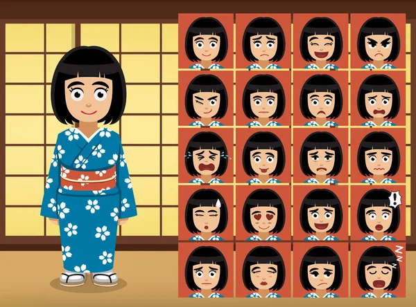 Menina Japonesa Cartoon Emotion Enfrenta Ilustração Vetorial — Vetor de Stock