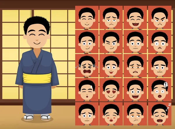 Japonés Niño Dibujos Animados Emoción Caras Vector Ilustración — Vector de stock