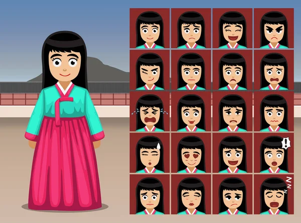 Корейская Девушка Мультфильм Эмоции Лица Векторные Иллюстрации — стоковый вектор