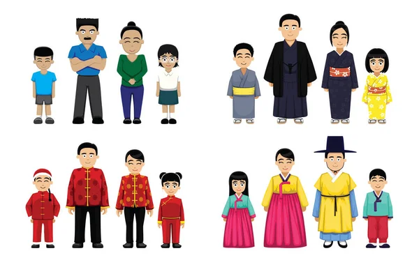 Asian Families Set Cartoon Vector Illustration — Stock Vector
