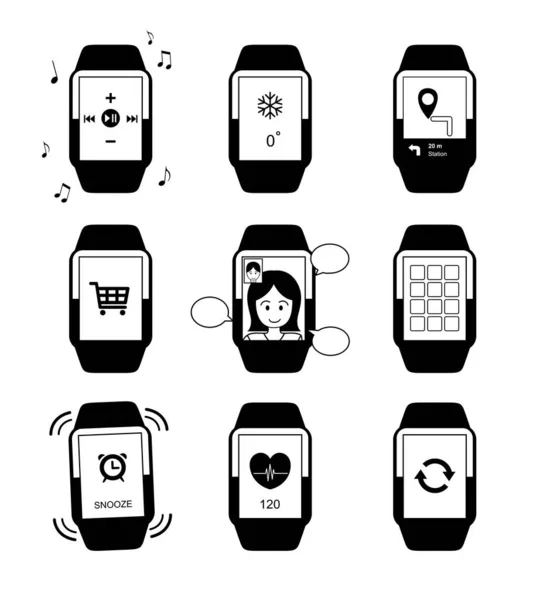 Various Smart Watch Monochrome Icon Cartoon Vector Illustration — Stock Vector