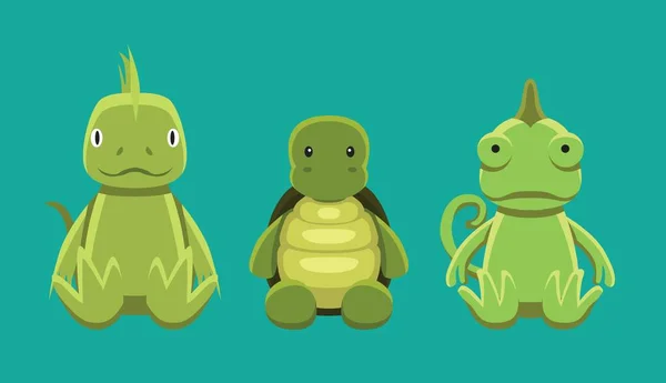 Iguana Turtle Chameleon Doll Set Kartun Vector Illustration - Stok Vektor