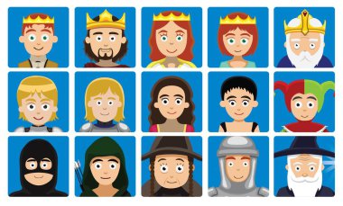 Ortaçağ Karakterleri Avatar Çizgi film Vektör İllüstrasyonu