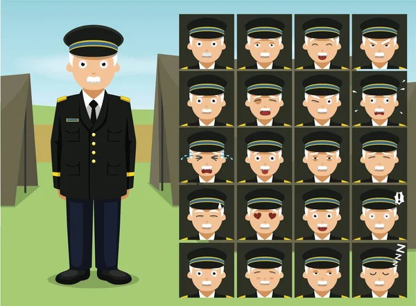 Militar General Soldado Dibujos Animados Emoción Caras Vector Ilustración — Vector de stock