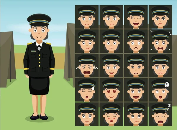 Militar General Soldado Mujer Dibujos Animados Emoción Caras Vector Ilustración — Vector de stock