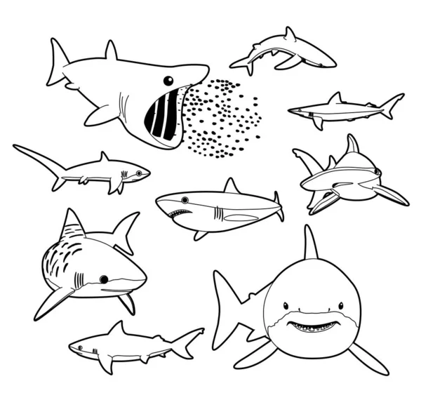 様々なサメ漫画ベクトルイラスト モノクローム — ストックベクタ