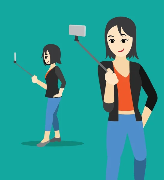 Gadget Set 사람들 Woman Selfie Stick Cartoon Vector Illustration — 스톡 벡터