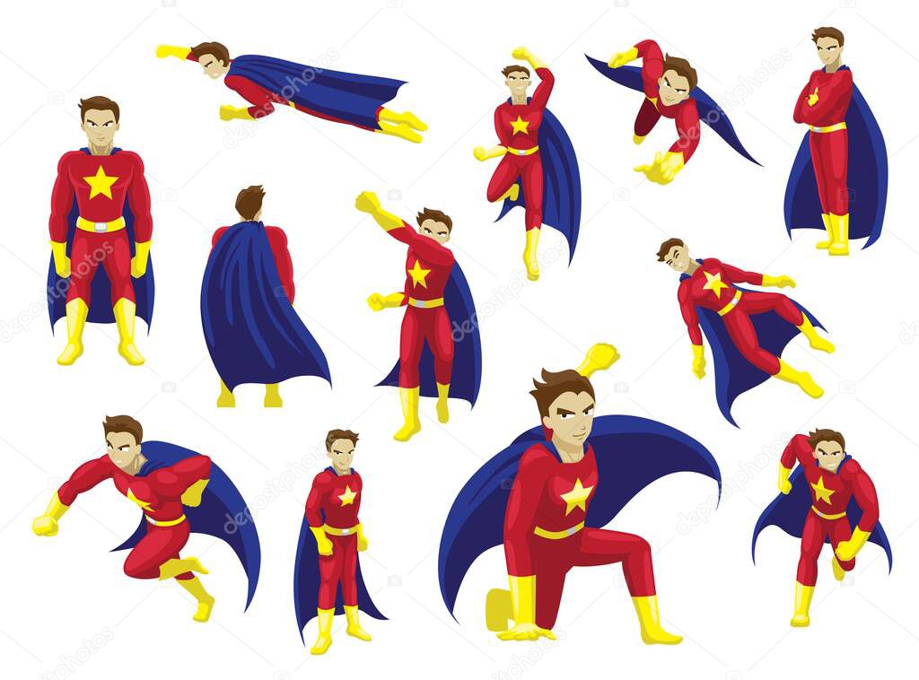 Superhero Man Poses Cartoon Emotion faces Vector Illustration