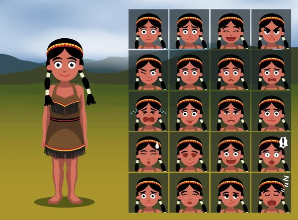 Native American Indian Girl Cartoon Emotion Menghadapi Vector Illustration - Stok Vektor