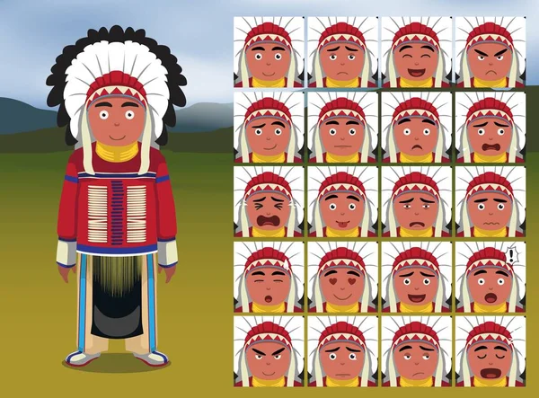 Native American Indian Man Cartoon Emotion Affronta Illustrazione Vettoriale — Vettoriale Stock