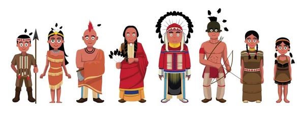 Karakter Keluarga Indian Amerika Asli Mengatur Ilustrasi Kartun Vektor - Stok Vektor