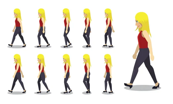漫画シーケンス黄色の髪の女性ウォーキングベクトル — ストックベクタ