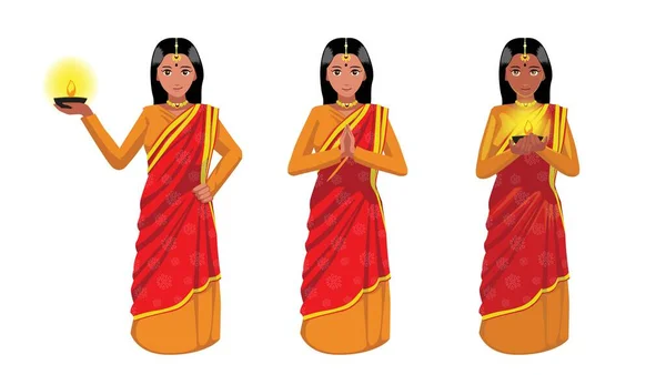 Mujer India Diwali Plantea Ilustración Vectorial Dibujos Animados — Archivo Imágenes Vectoriales