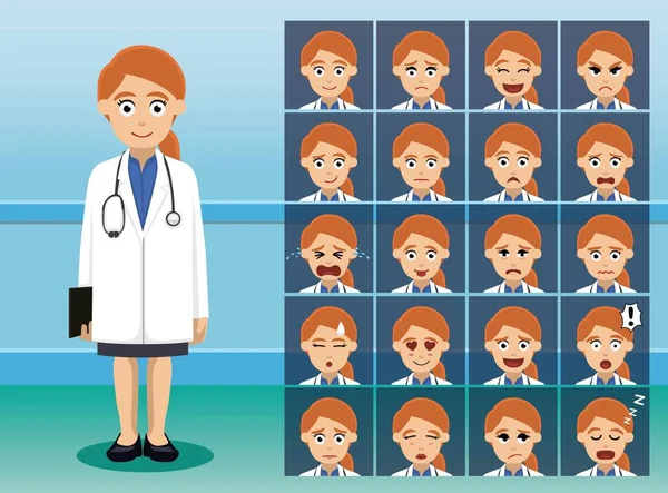 Nemocniční Personál Pretty Doctor Cartoon Character Emotion Tváře — Stockový vektor