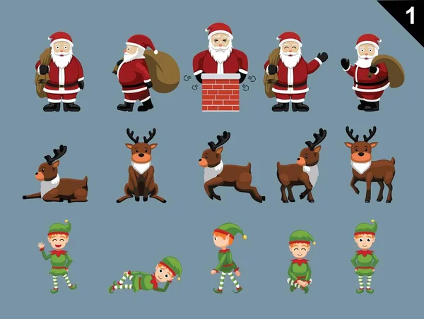Personajes Navidad Santa Ciervo Elfo Varios Poses Set — Vector de stock