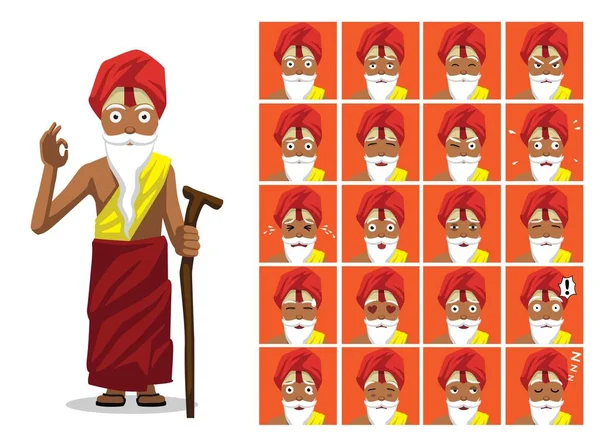 Religión Hinduismo Sadhu Dibujos Animados Emoción Caras Vector Ilustración — Archivo Imágenes Vectoriales