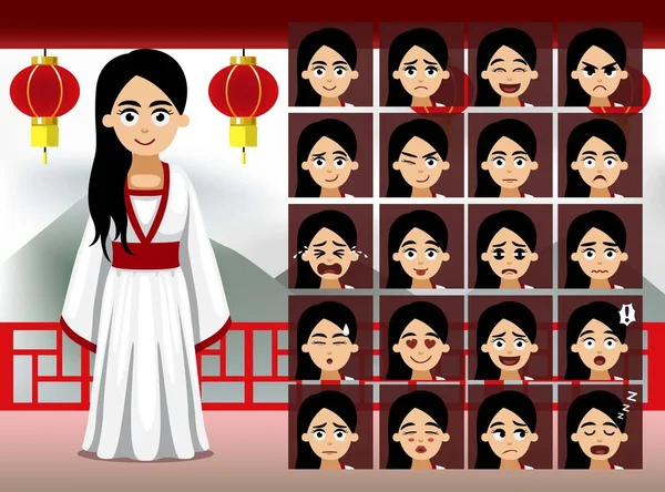 Vestido Época Chino Lady Cartoon Emoción Caras Vector Ilustración — Vector de stock