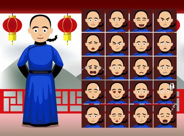 Chinês Qing Man Cartoon Emotion Enfrenta Ilustração Vetorial — Vetor de Stock