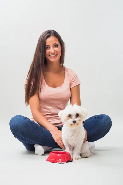Женщина с мальтийской собакой и миской — стоковое фото